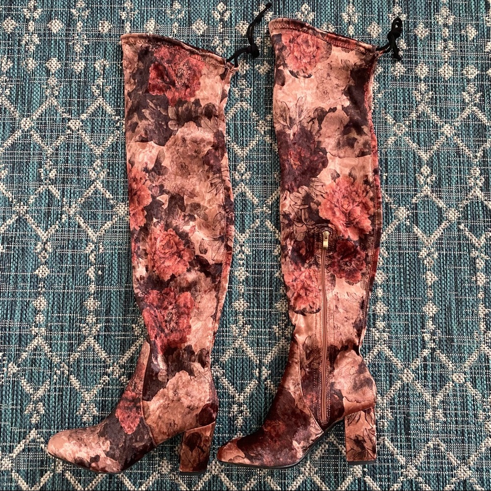 Lulu’s Gillian Brown Floral Velvet Over the Knee Boots 8.5